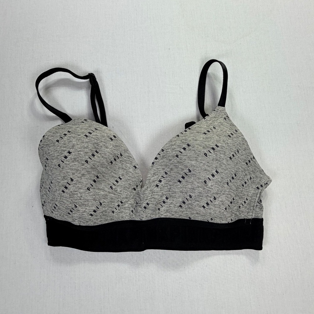 PINK by‎ Victoria's Secret Gray All Over Logo Print Bralette Size 32C
